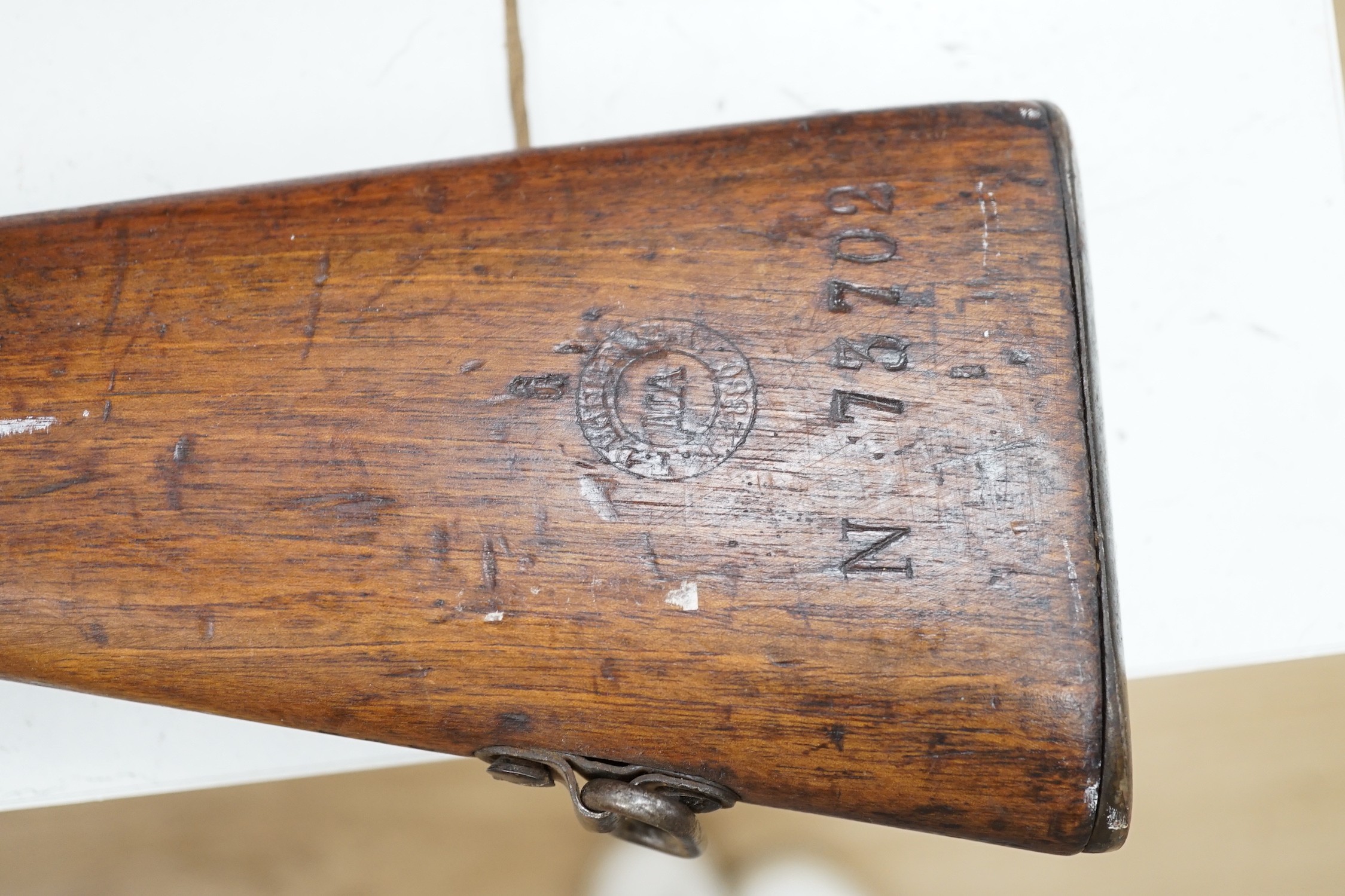 A 19th century French Chassepot bolt action rifle, manufactured by Darmes, St Etienne, MLE 1874, serial number 17767, barrel later engraved, together with a similar bayonet, serial number 67004